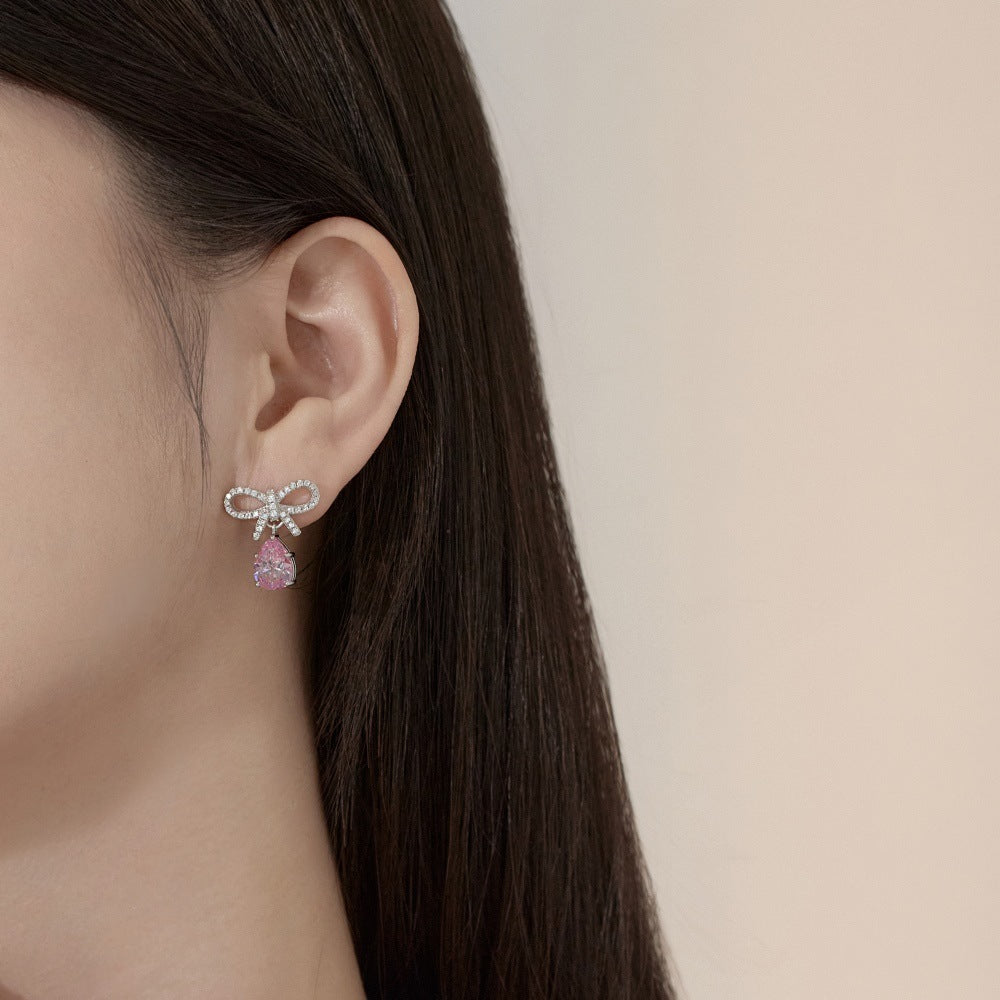 Exquisite S925 Silver Pink Teardrop Bow Earrings β Fashionable & Elegant Women's Jewelry