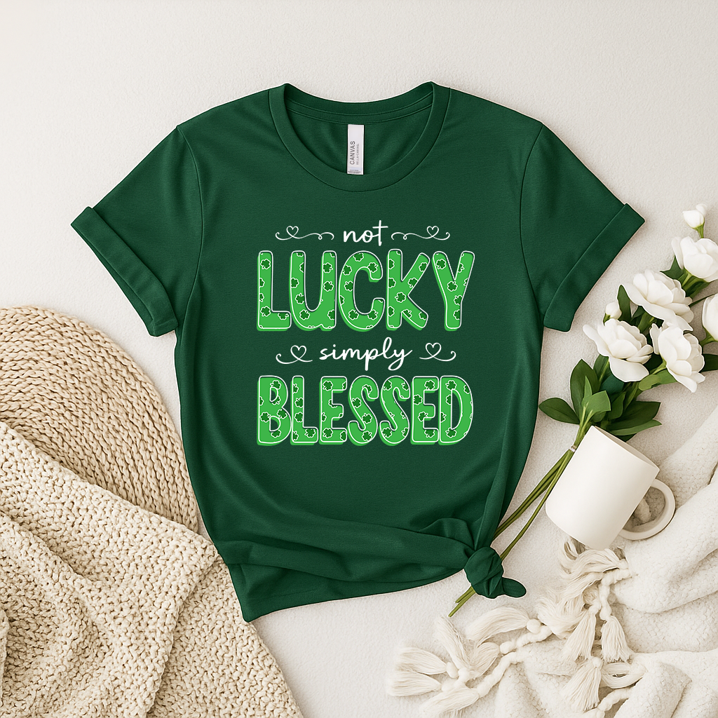Not Lucky Simply Blessed T Shirt, Christian Faith Saying - St. Patrick’s Day Faith shirt