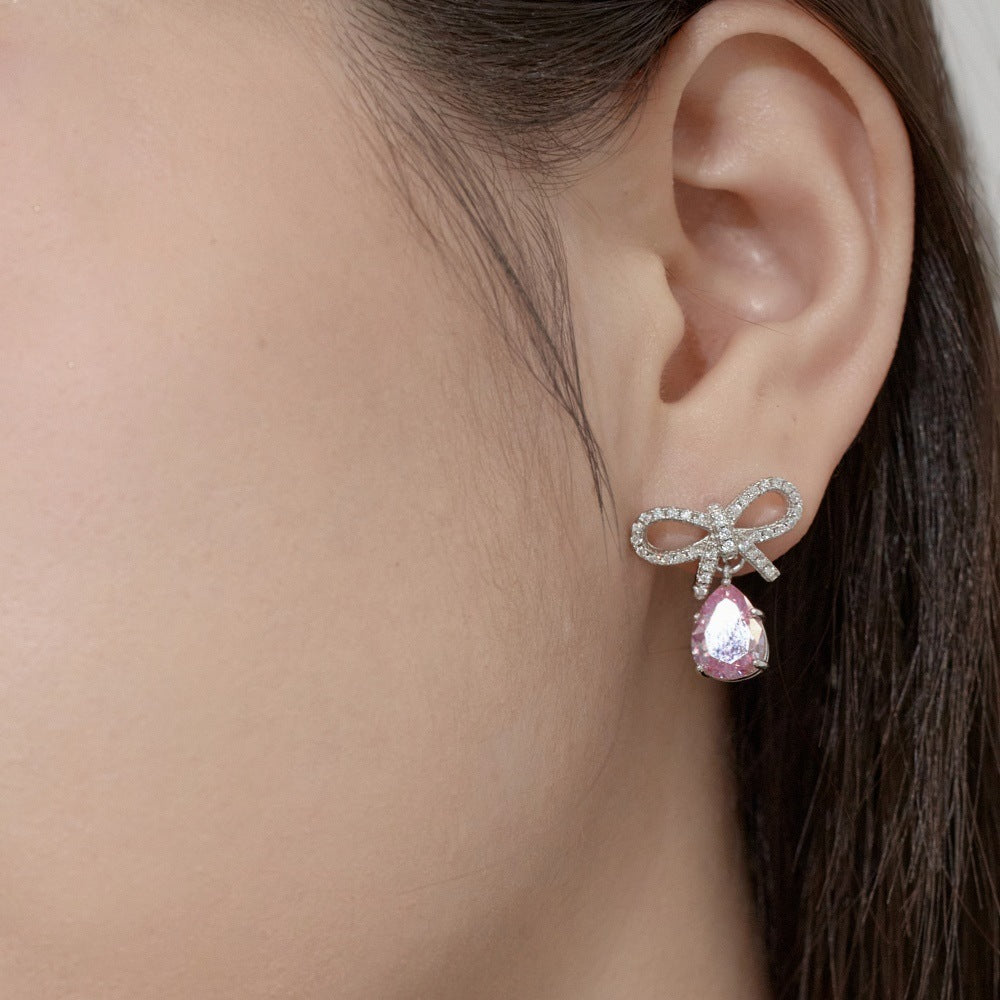 Exquisite S925 Silver Pink Teardrop Bow Earrings β Fashionable & Elegant Women's Jewelry