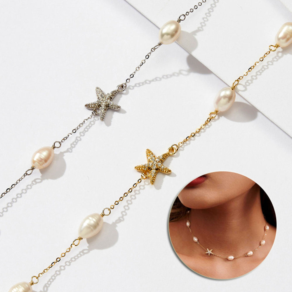 Sterling Silver Freshwater Pearl Starfish Necklace - Beach Fashion Jewelry for Women's Parties
