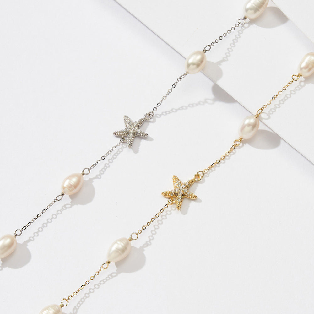 Sterling Silver Freshwater Pearl Starfish Necklace - Beach Fashion Jewelry for Women's Parties