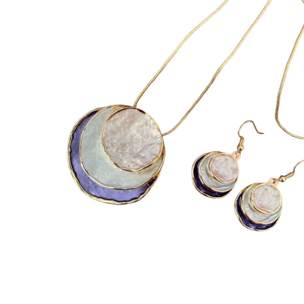Colorful Oil Painting Design Three-Layer Ring Hollow Pendant Set with Earrings & Necklace