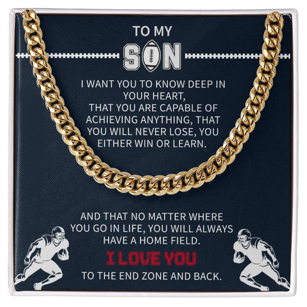 Football Necklace for Son β Inspirational Athlete Gift from Parents, Cuban Link Chain, Stainless & Gold β Christmas Gift