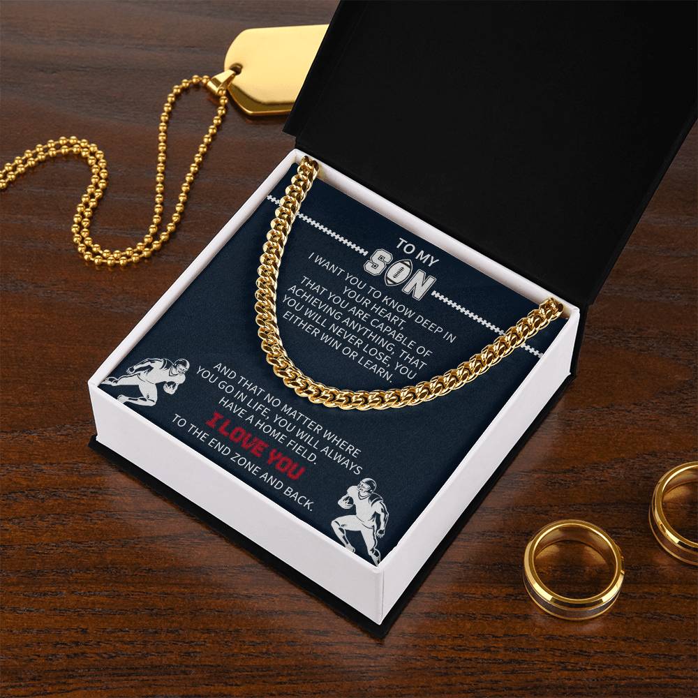 Football Necklace for Son β Inspirational Athlete Gift from Parents, Cuban Link Chain, Stainless & Gold β Christmas Gift