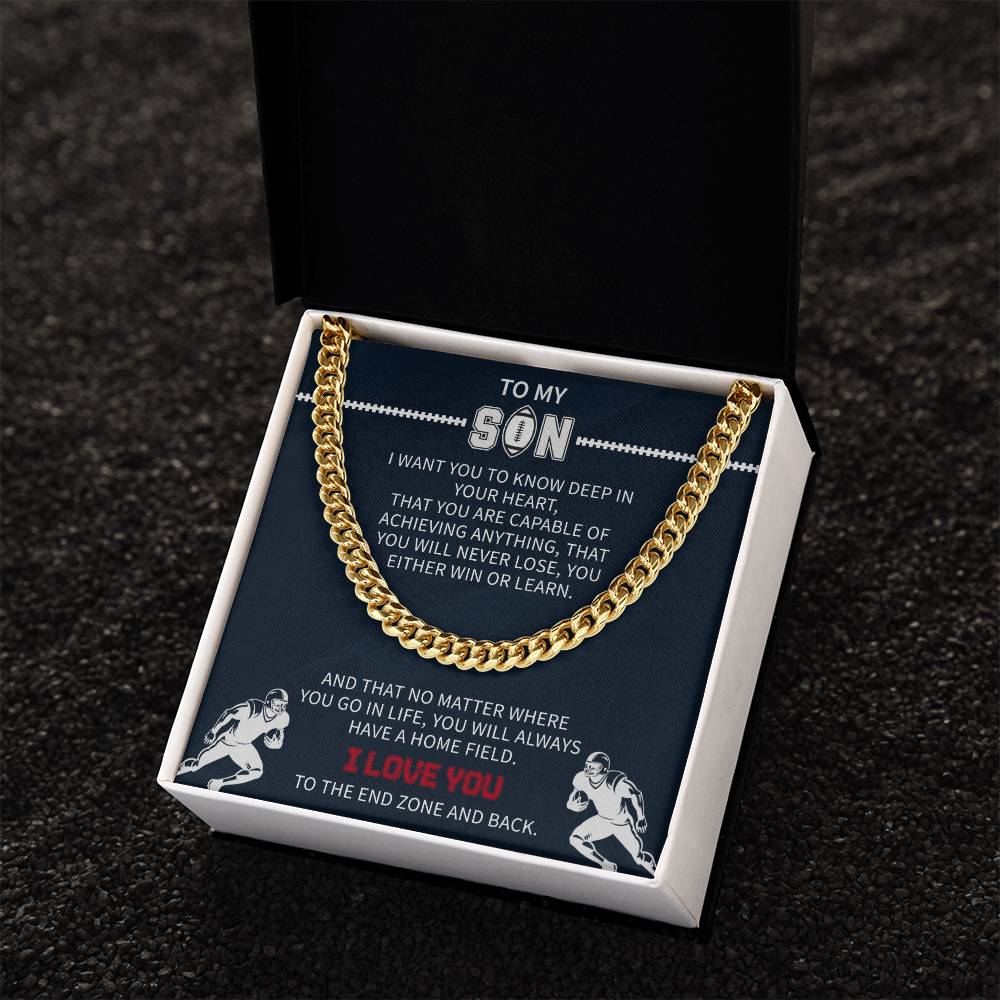 Football Necklace for Son β Inspirational Athlete Gift from Parents, Cuban Link Chain, Stainless & Gold β Christmas Gift