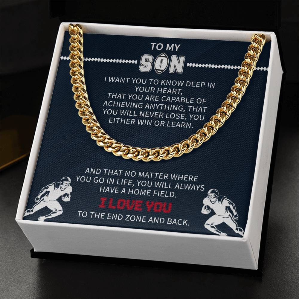 Football Necklace for Son β Inspirational Athlete Gift from Parents, Cuban Link Chain, Stainless & Gold β Christmas Gift