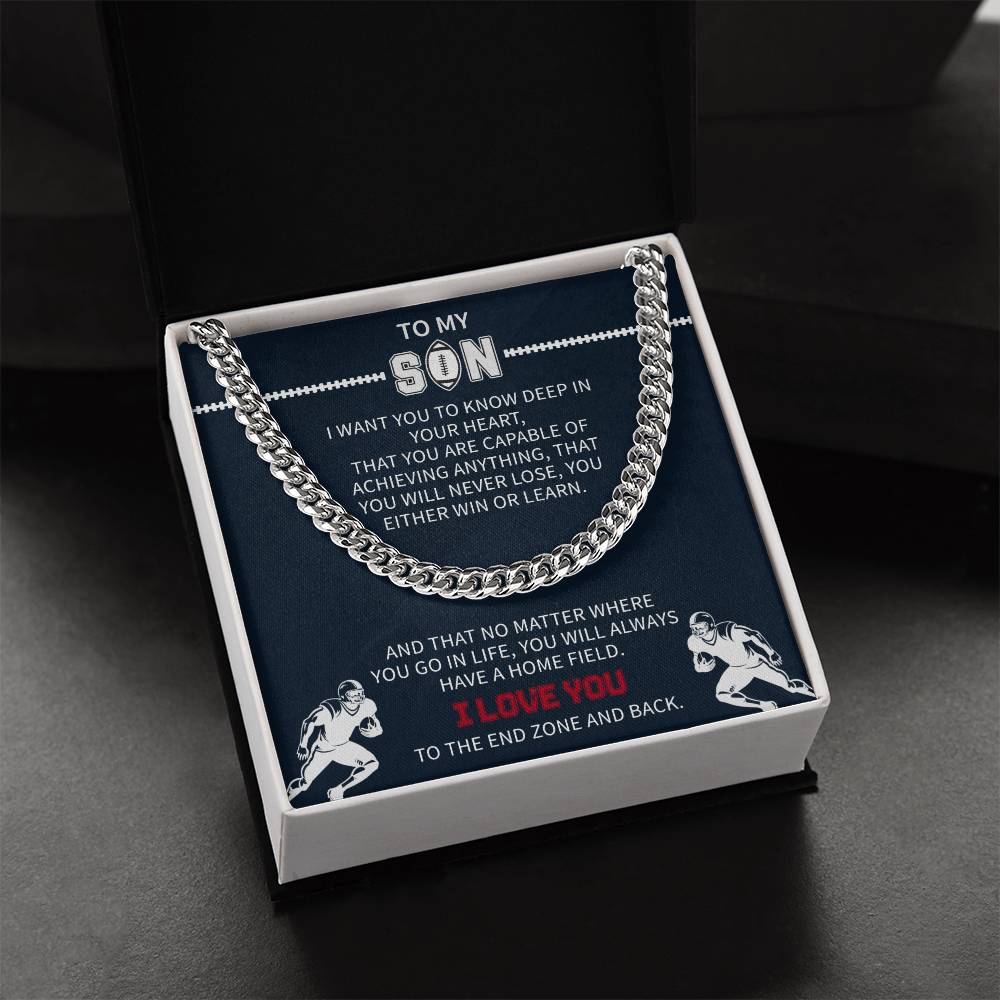 Football Necklace for Son β Inspirational Athlete Gift from Parents, Cuban Link Chain, Stainless & Gold β Christmas Gift