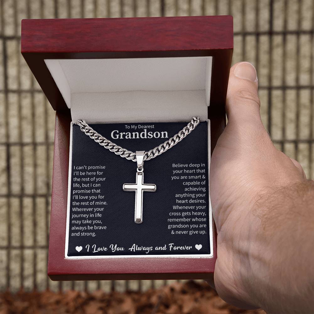 To my Dearest Grandson Cuban Link Chain with Engraved Artisan Cross