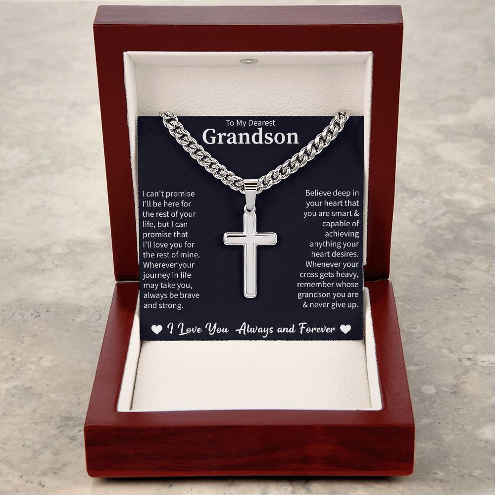 To my Dearest Grandson Cuban Link Chain with Engraved Artisan Cross