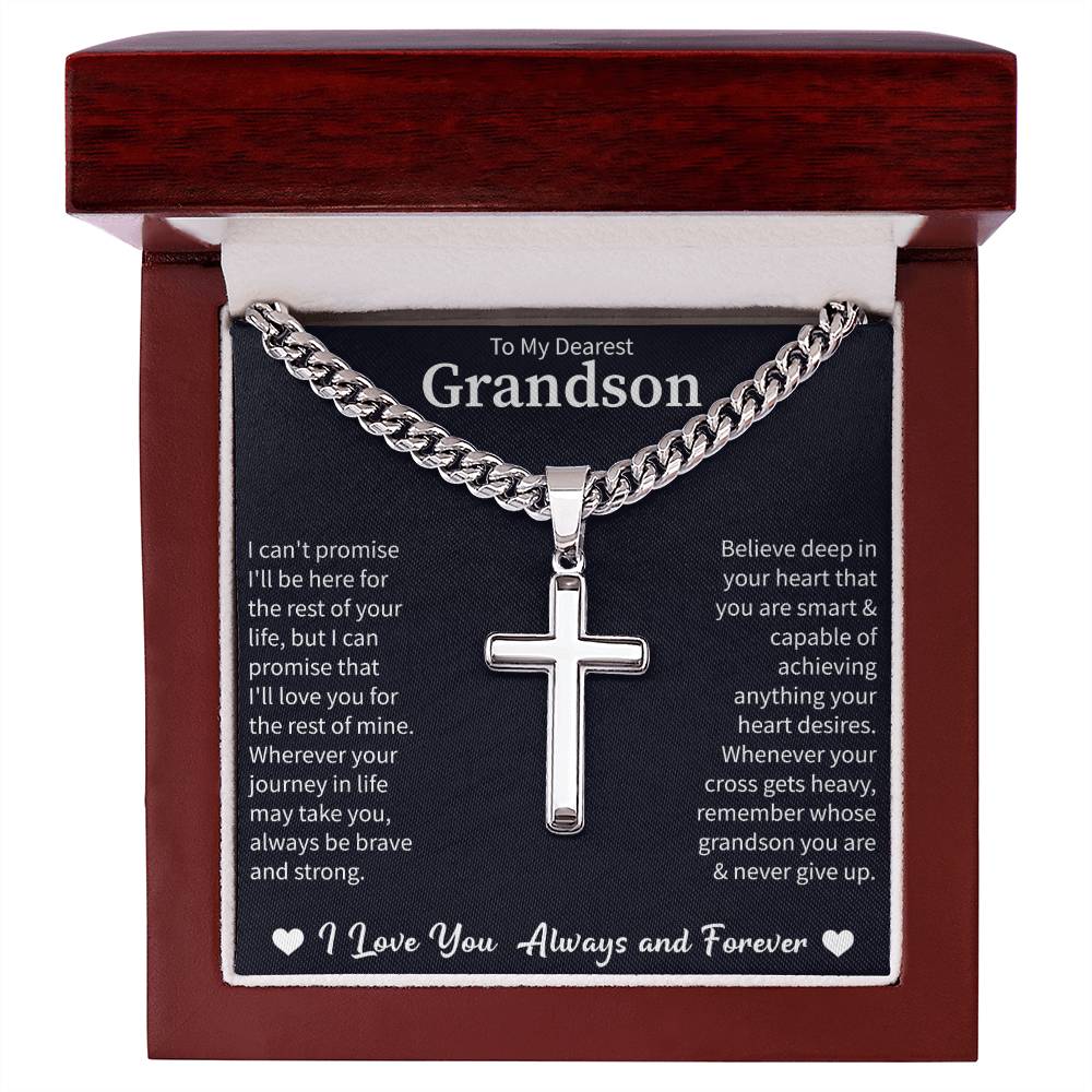 To my Dearest Grandson Cuban Link Chain with Engraved Artisan Cross