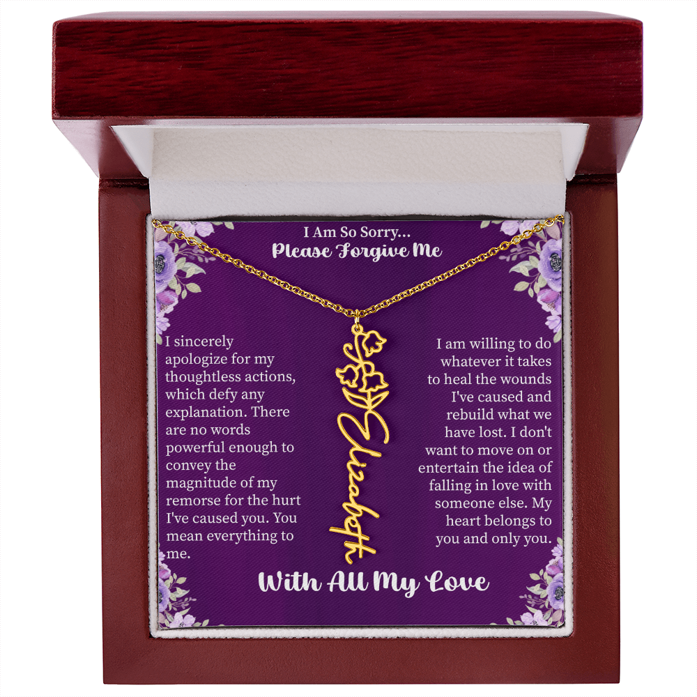 I'm So Sorry Please Forgive Me Flower Name Necklace – Apology Gift – Personalized Floral Name Jewelry with Message Card