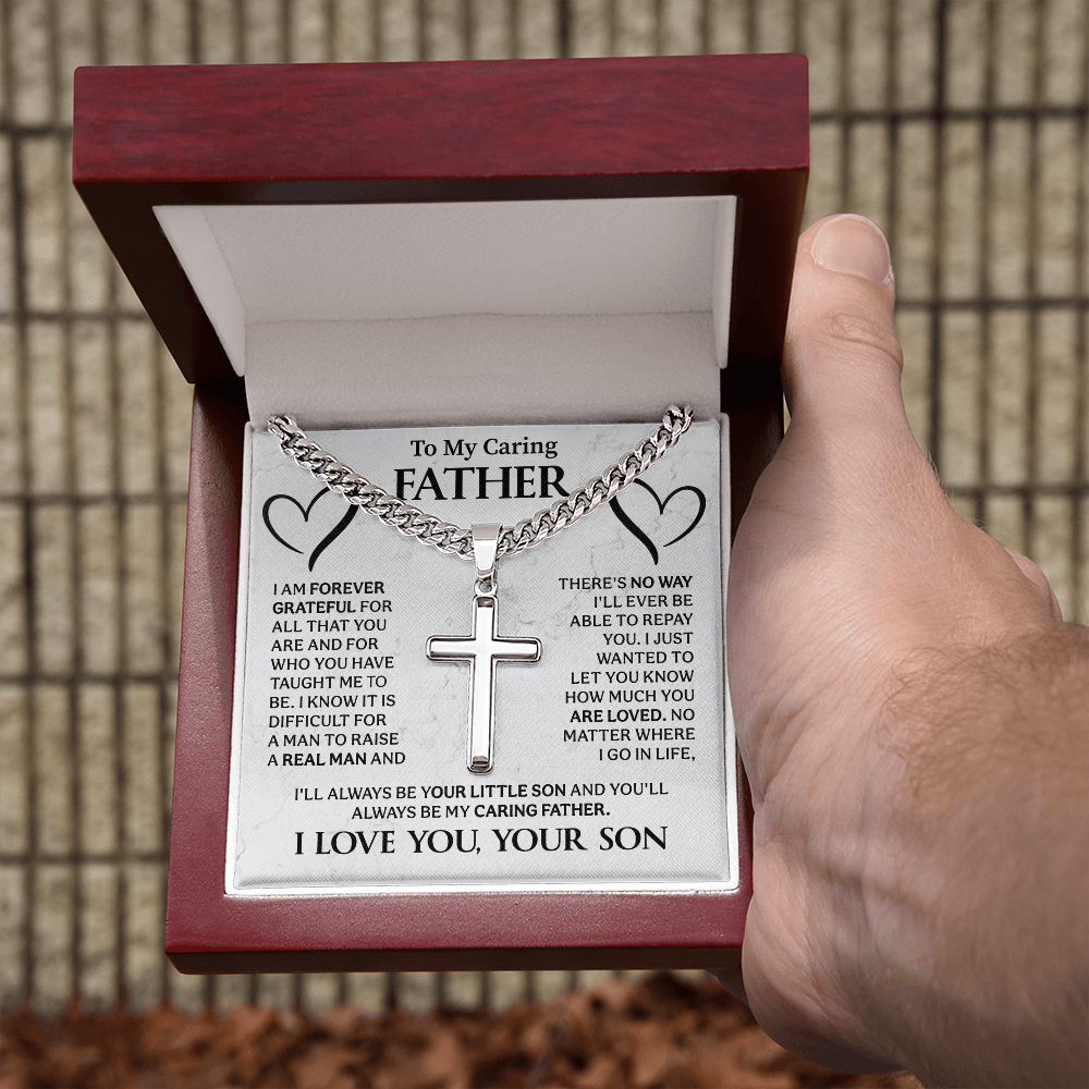 To my caring Father Cuban Link Chain with Engraved Artisan Cross - Beauty Belliss