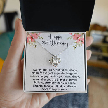 elegant love knot necklace presented in a gift box for a 21st birthday celebration