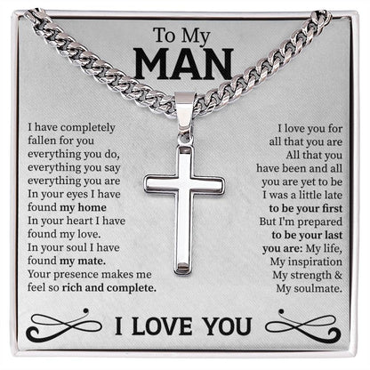 To my man Cuban Link Chain with Engraved Artisan Cross