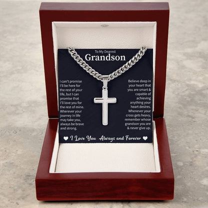 To my Dearest Grandson Cuban Link Chain with Engraved Artisan Cross