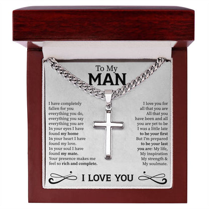 To my man Cuban Link Chain with Engraved Artisan Cross
