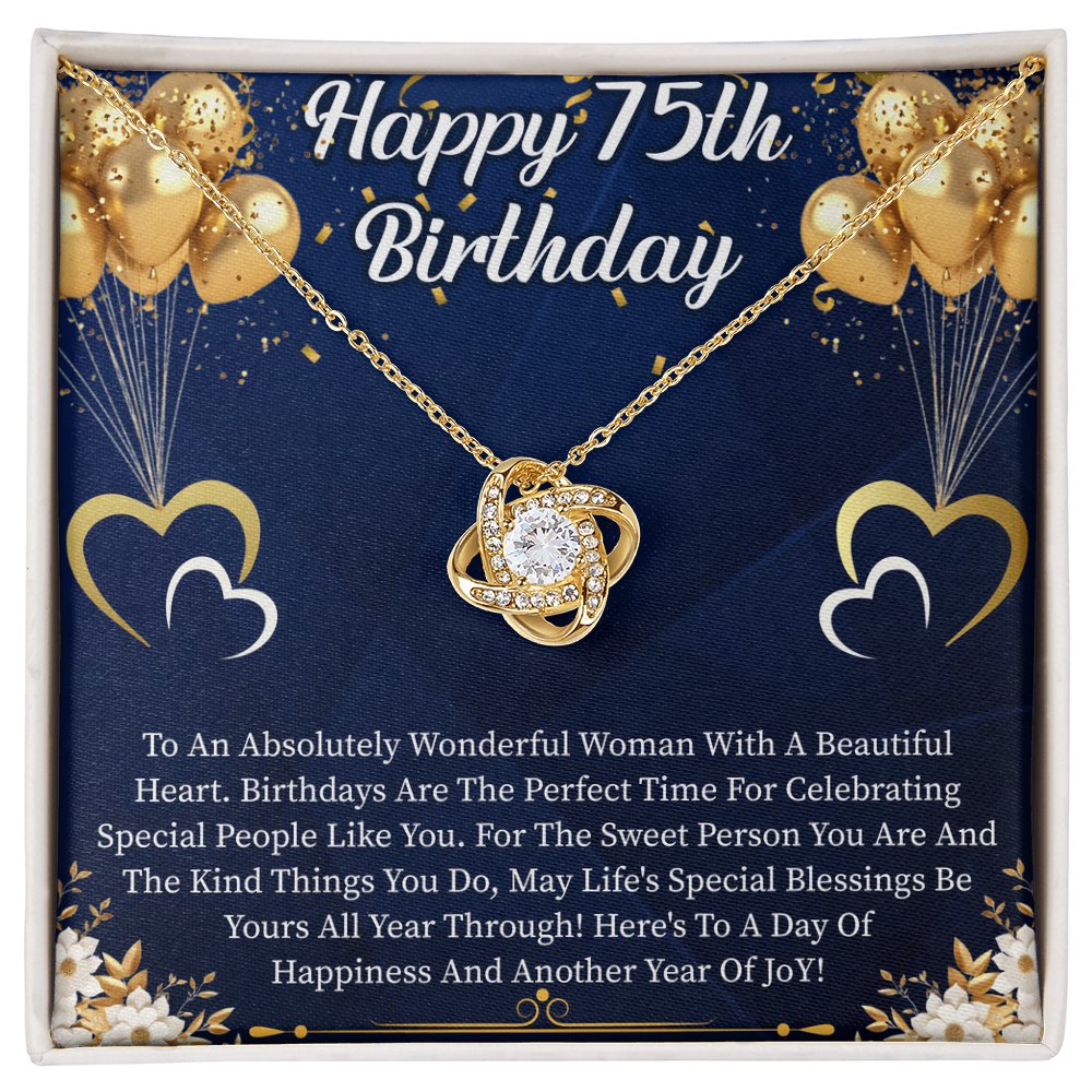 Happy 75th Birthday Love Knot Necklace – Meaningful 75th Birthday Gift for Her – Elegant Jewelry with Message Card