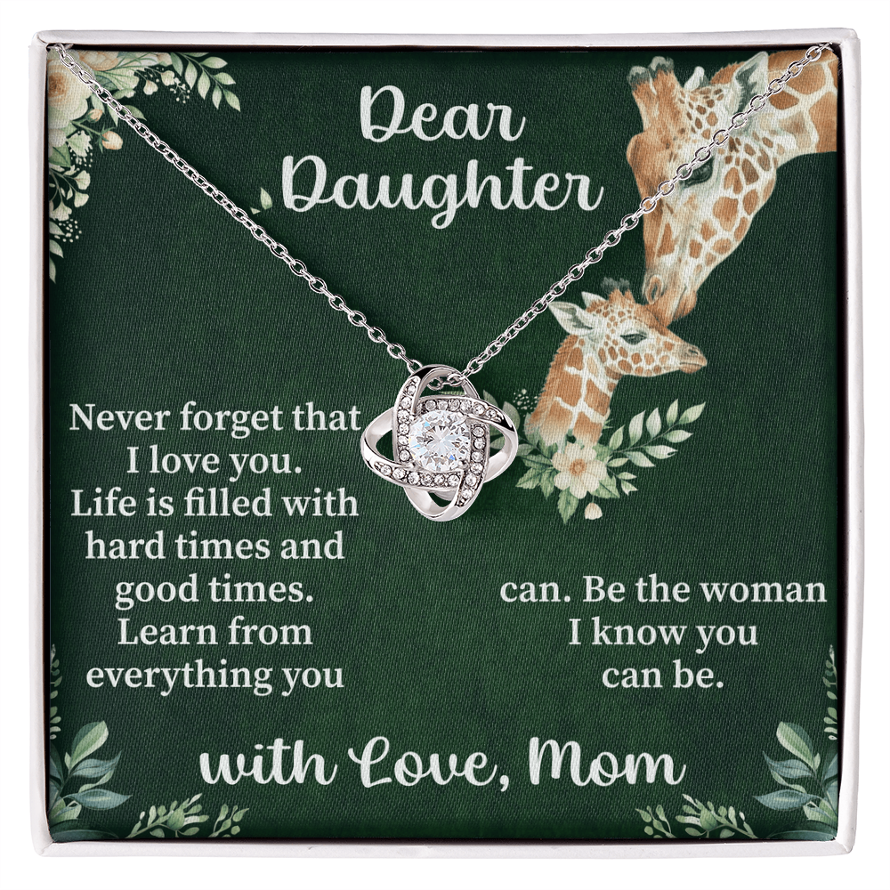 Dear Daughter Love Knot Necklace – Meaningful Gift from Mom or Dad – Sentimental Jewelry with Message Card