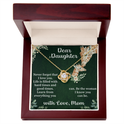 Dear Daughter Love Knot Necklace – Meaningful Gift from Mom or Dad – Sentimental Jewelry with Message Card
