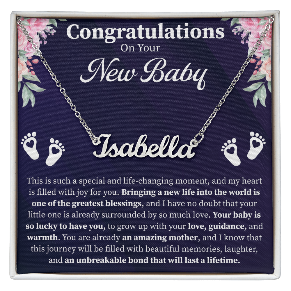 Congratulations on Your New Baby Custom Name Necklace – Personalized New Mom Gift – Meaningful Jewelry with Message Card