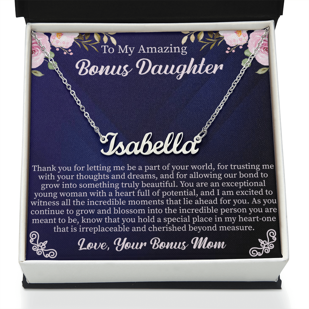 To My Amazing Bonus Daughter Custom Name Necklace – Personalized Gift for Bonus Daughter – Meaningful Jewelry with Message Card