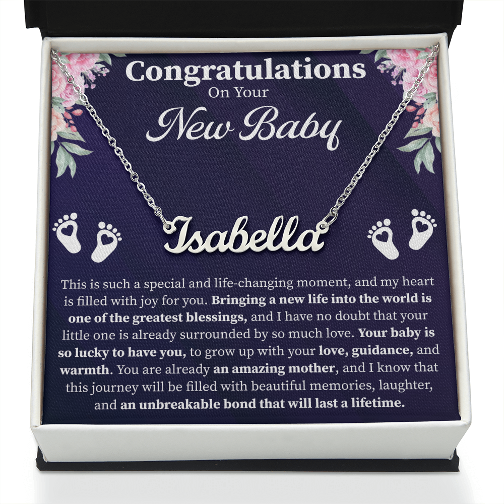 Congratulations on Your New Baby Custom Name Necklace – Personalized New Mom Gift – Meaningful Jewelry with Message Card