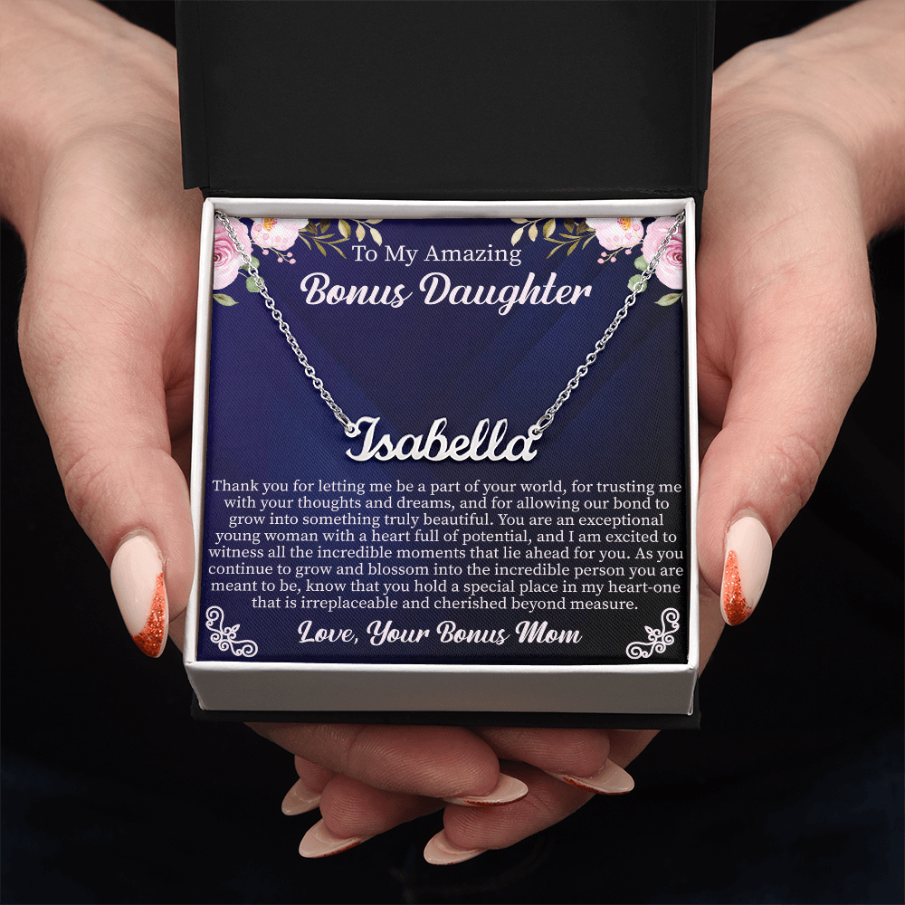 To My Amazing Bonus Daughter Custom Name Necklace – Personalized Gift for Bonus Daughter – Meaningful Jewelry with Message Card