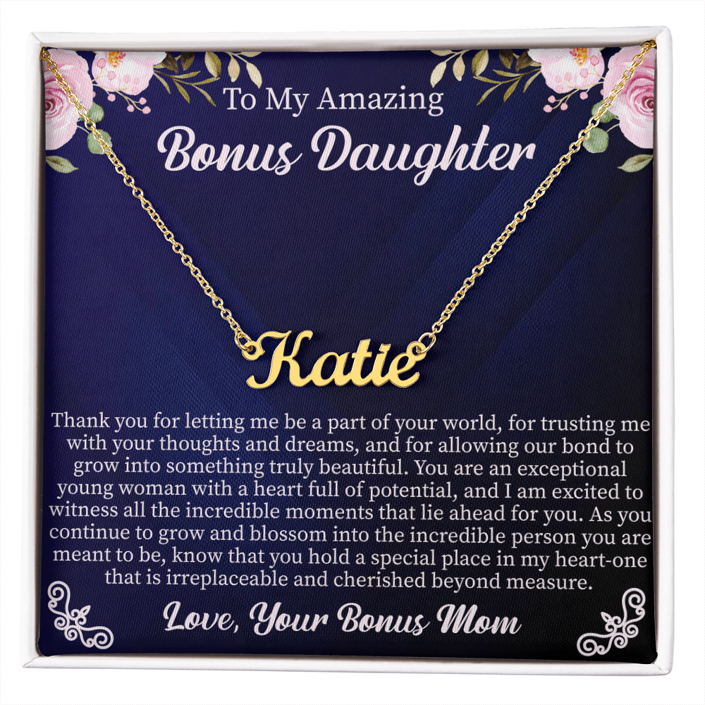 To My Amazing Bonus Daughter Custom Name Necklace – Personalized Gift for Bonus Daughter – Meaningful Jewelry with Message Card