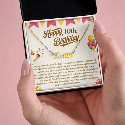 Happy 10th Birthday Custom Name Necklace – Personalized Birthday Gift for Girl – Cute Name Jewelry with Message Card