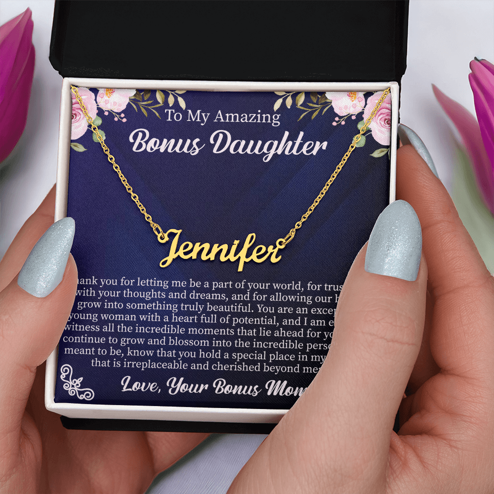 To My Amazing Bonus Daughter Custom Name Necklace – Personalized Gift for Bonus Daughter – Meaningful Jewelry with Message Card
