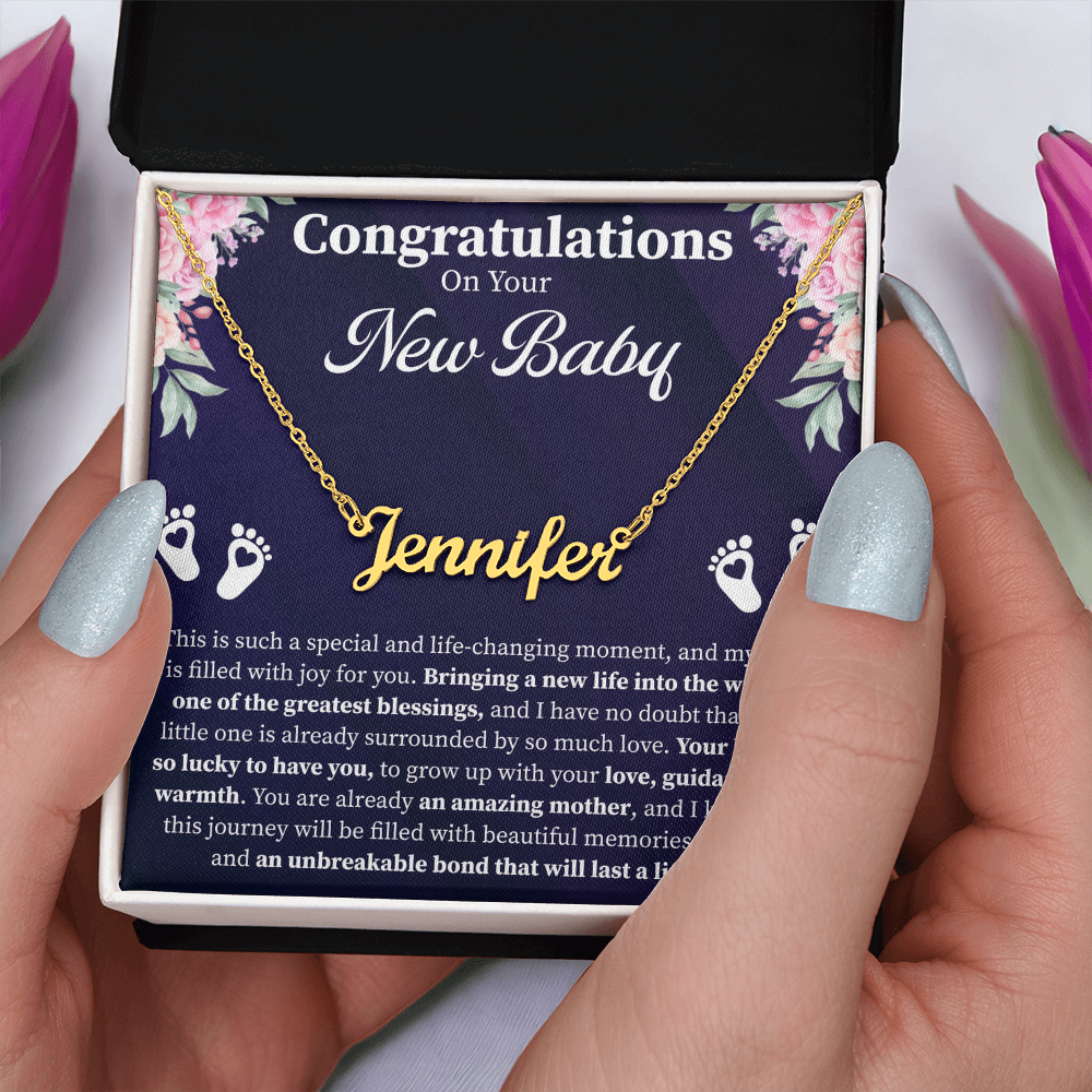 Congratulations on Your New Baby Custom Name Necklace – Personalized New Mom Gift – Meaningful Jewelry with Message Card
