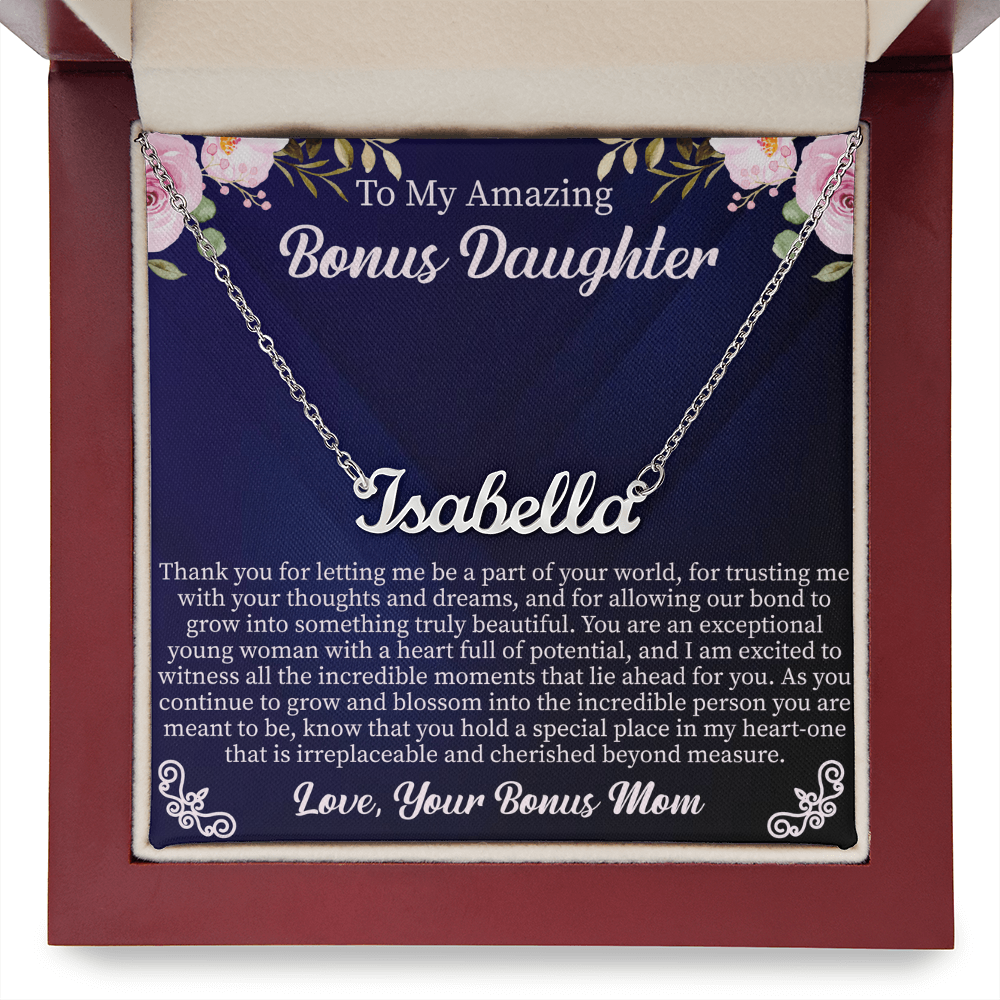 To My Amazing Bonus Daughter Custom Name Necklace – Personalized Gift for Bonus Daughter – Meaningful Jewelry with Message Card
