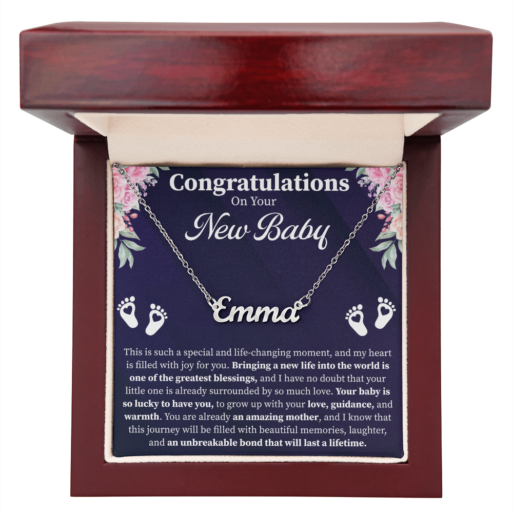 Congratulations on Your New Baby Custom Name Necklace – Personalized New Mom Gift – Meaningful Jewelry with Message Card