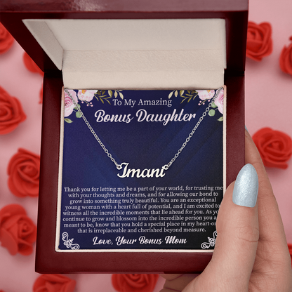 To My Amazing Bonus Daughter Custom Name Necklace – Personalized Gift for Bonus Daughter – Meaningful Jewelry with Message Card