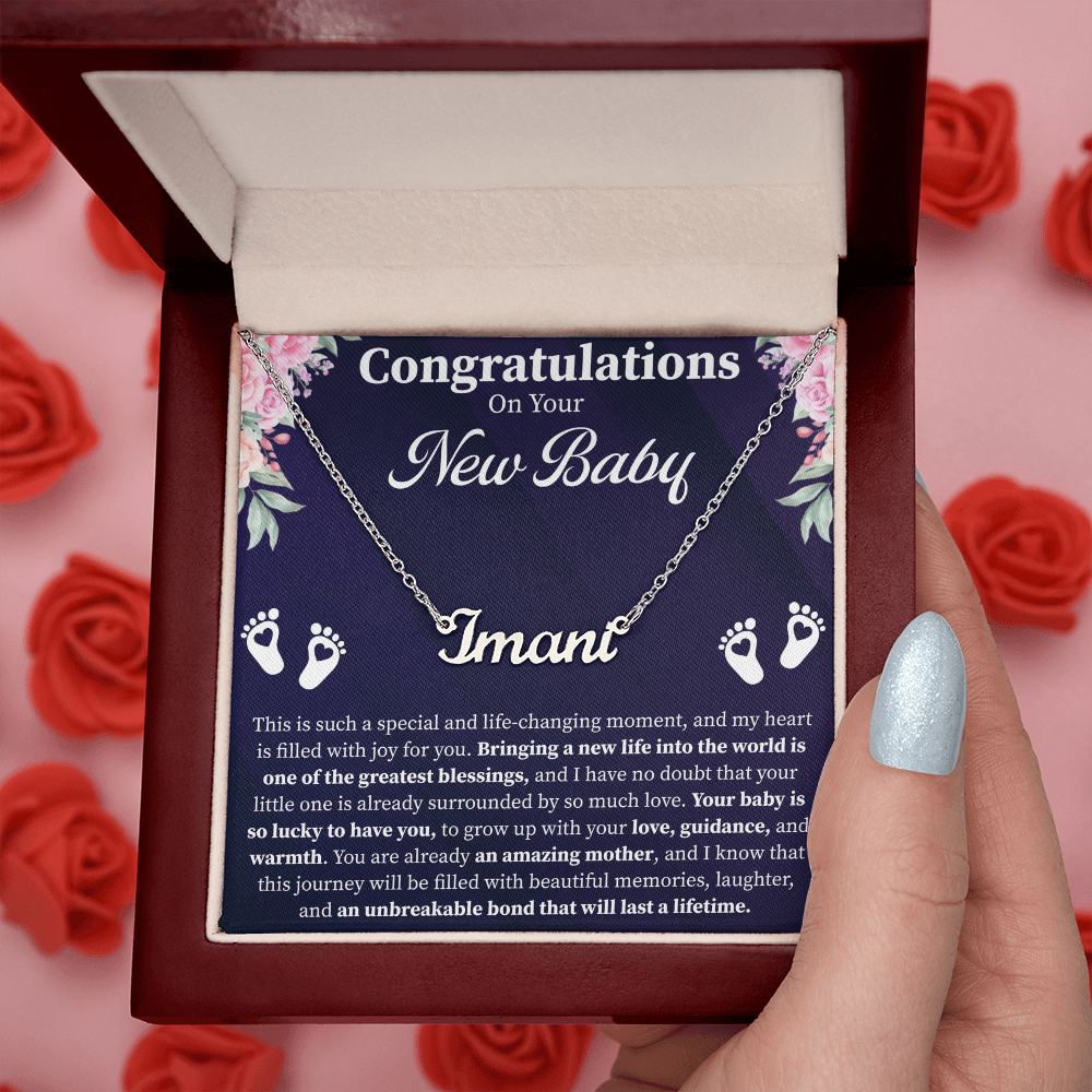 Congratulations on Your New Baby Custom Name Necklace – Personalized New Mom Gift – Meaningful Jewelry with Message Card