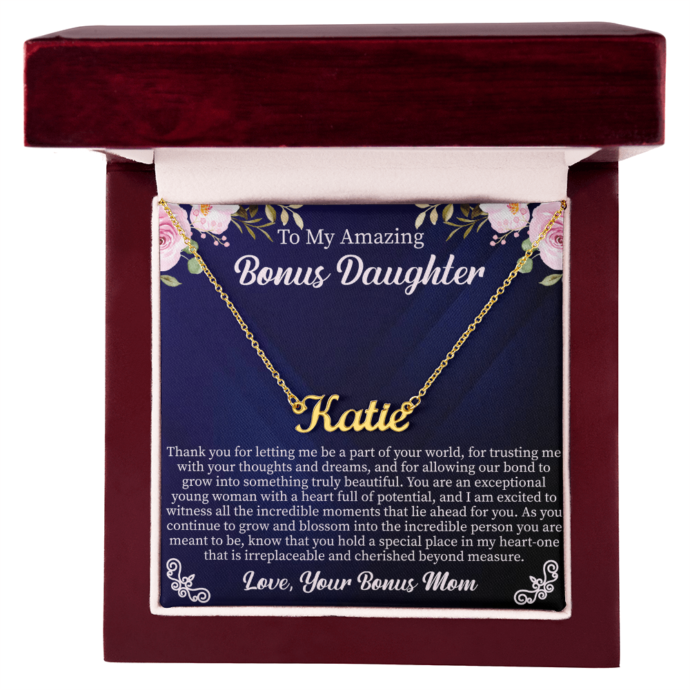 To My Amazing Bonus Daughter Custom Name Necklace – Personalized Gift for Bonus Daughter – Meaningful Jewelry with Message Card