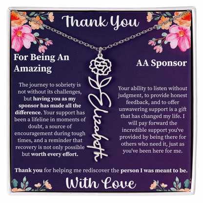 Thank You Flower Name Necklace – Personalized Appreciation Gift – Custom Floral Name Jewelry with Message Card