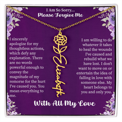 I'm So Sorry Please Forgive Me Flower Name Necklace – Apology Gift – Personalized Floral Name Jewelry with Message Card