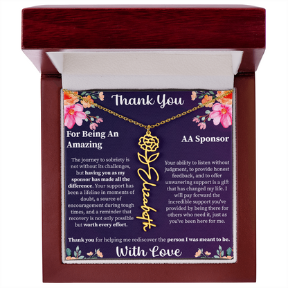 Thank You Flower Name Necklace – Personalized Appreciation Gift – Custom Floral Name Jewelry with Message Card