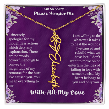 I'm So Sorry Please Forgive Me Flower Name Necklace – Apology Gift – Personalized Floral Name Jewelry with Message Card