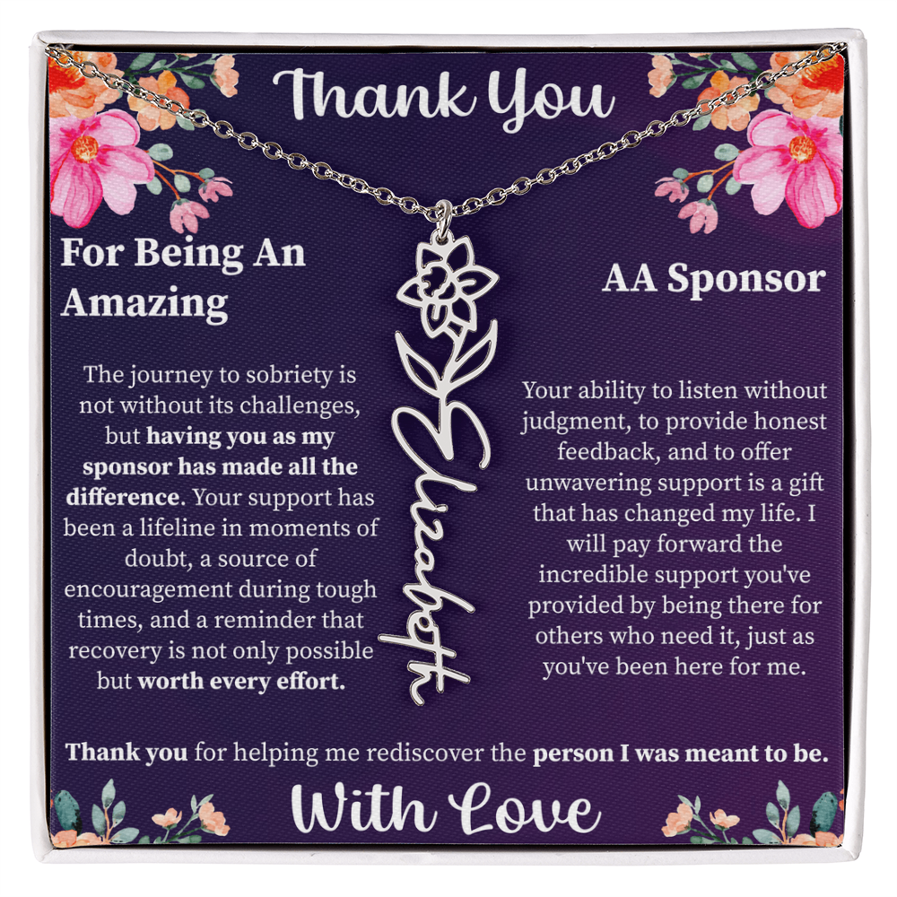 Thank You Flower Name Necklace – Personalized Appreciation Gift – Custom Floral Name Jewelry with Message Card