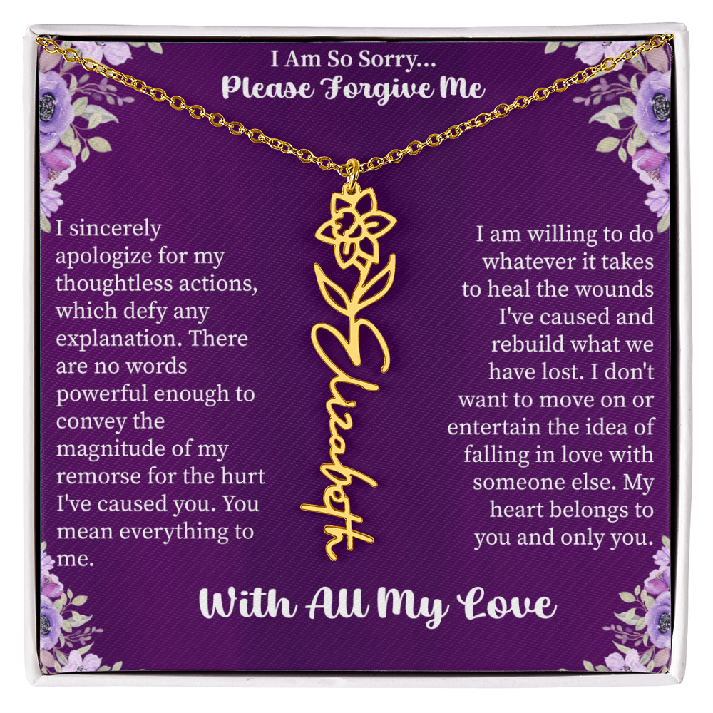 I'm So Sorry Please Forgive Me Flower Name Necklace – Apology Gift – Personalized Floral Name Jewelry with Message Card