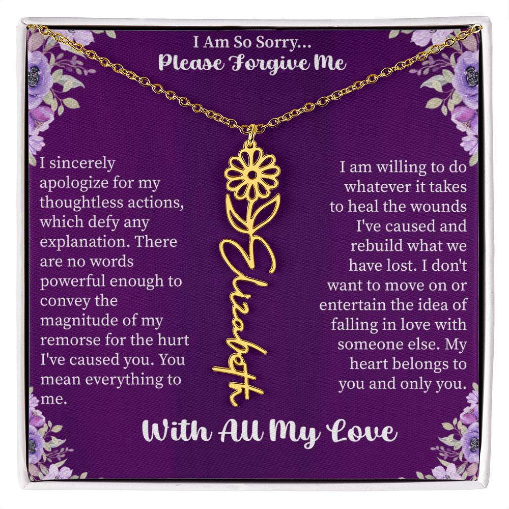 I'm So Sorry Please Forgive Me Flower Name Necklace – Apology Gift – Personalized Floral Name Jewelry with Message Card