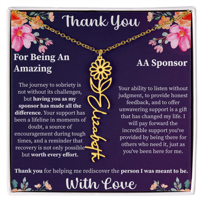 Thank You Flower Name Necklace – Personalized Appreciation Gift – Custom Floral Name Jewelry with Message Card