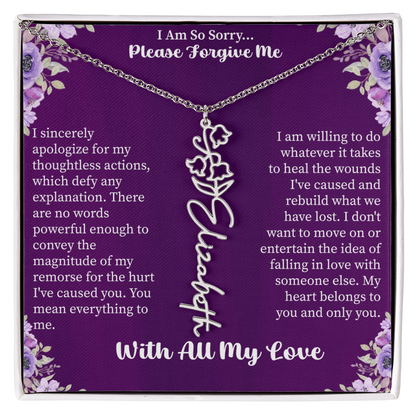 I'm So Sorry Please Forgive Me Flower Name Necklace – Apology Gift – Personalized Floral Name Jewelry with Message Card