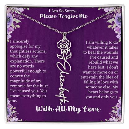 I'm So Sorry Please Forgive Me Flower Name Necklace – Apology Gift – Personalized Floral Name Jewelry with Message Card