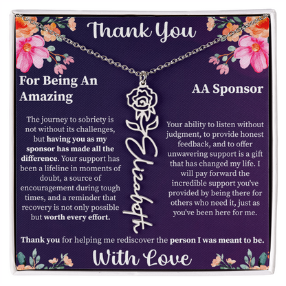 Thank You Flower Name Necklace – Personalized Appreciation Gift – Custom Floral Name Jewelry with Message Card