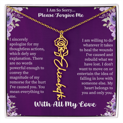 I'm So Sorry Please Forgive Me Flower Name Necklace – Apology Gift – Personalized Floral Name Jewelry with Message Card