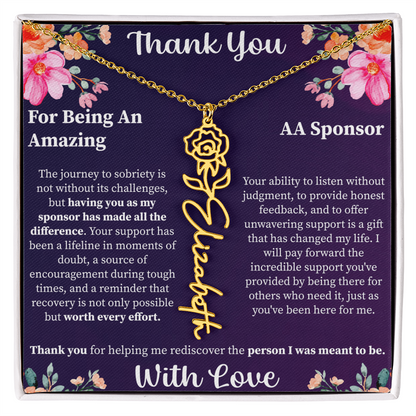 Thank You Flower Name Necklace – Personalized Appreciation Gift – Custom Floral Name Jewelry with Message Card