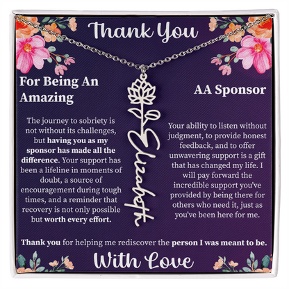 Thank You Flower Name Necklace – Personalized Appreciation Gift – Custom Floral Name Jewelry with Message Card